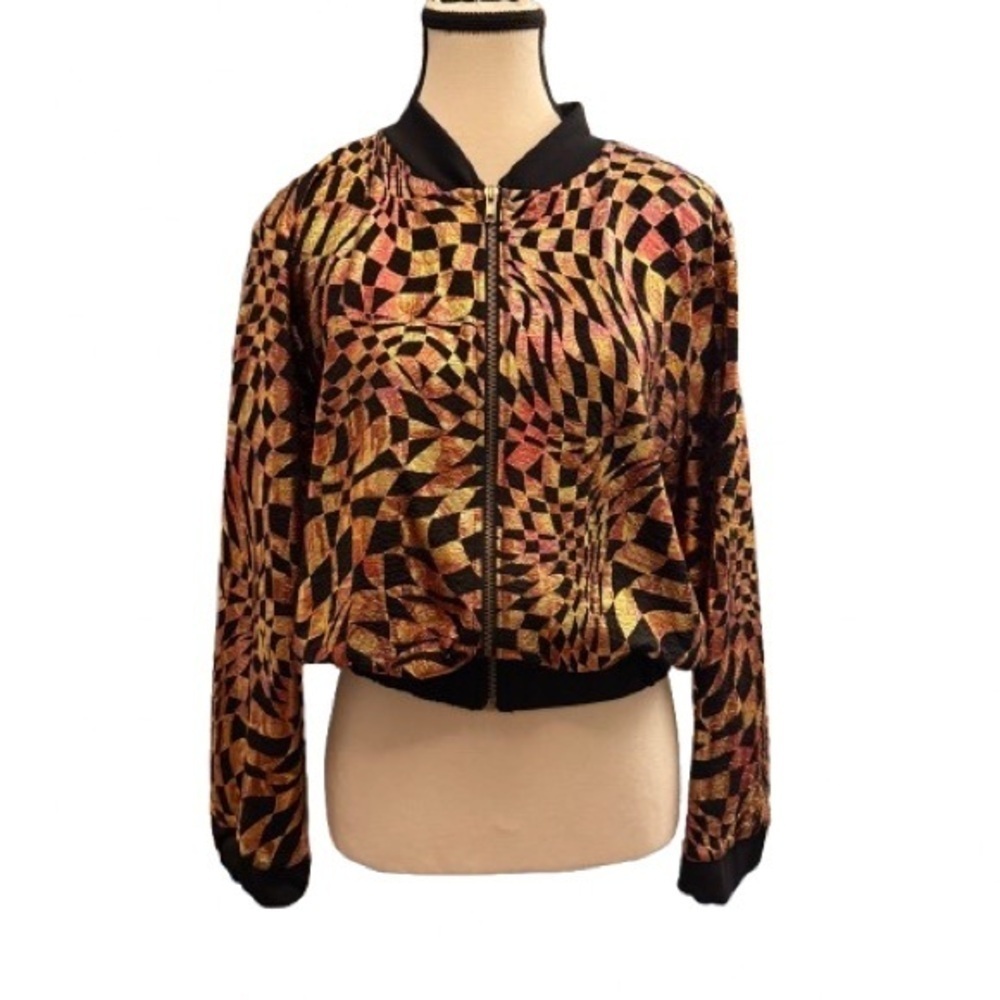 Vintage 80s Metallic womens Bomber Jacket Psychedelic Illusion Print Black Gold - Picture 2 of 11